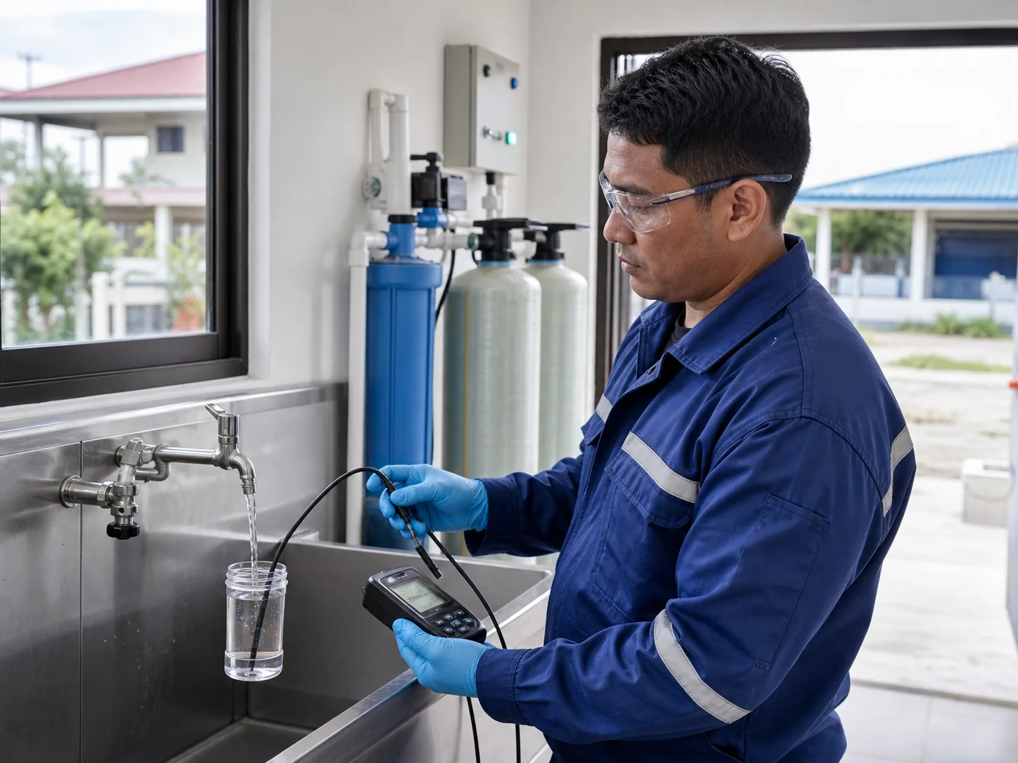 Technician conducting onsite quality testing at a community drinking water station