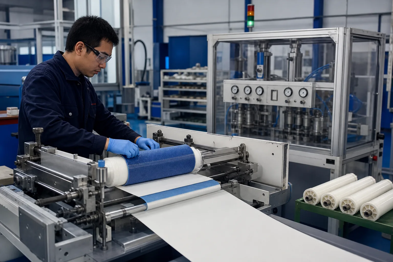 Compact marine RO membrane element rolling and leak-testing line