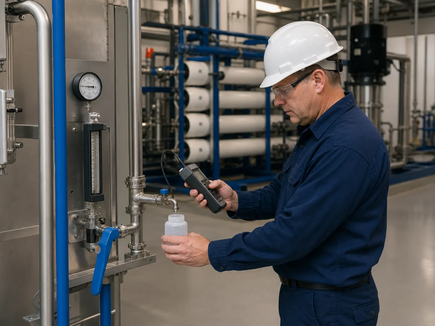 Operator monitoring industrial utility water quality and RO membrane performance