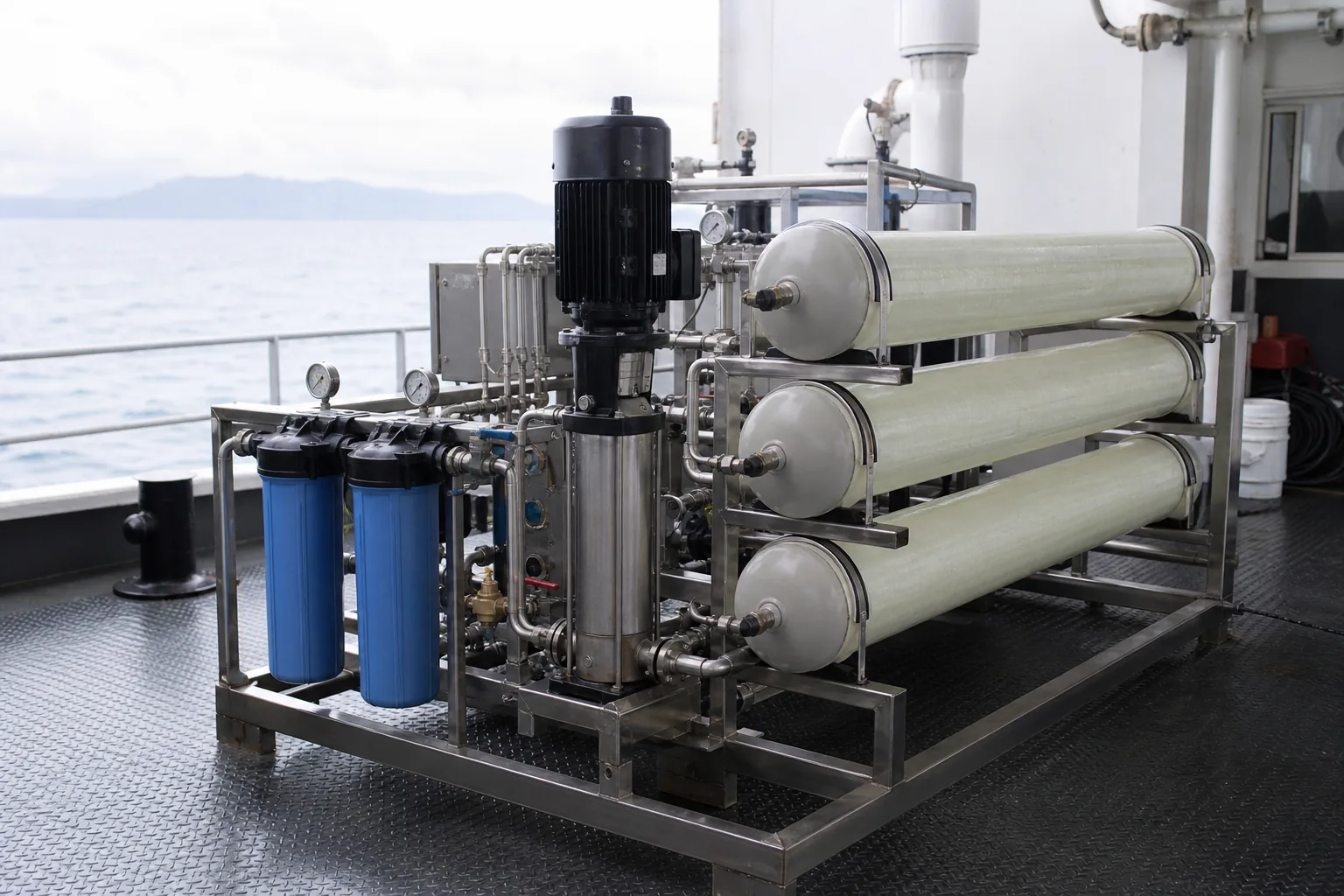 Marine and offshore reverse osmosis watermaker system aboard a vessel