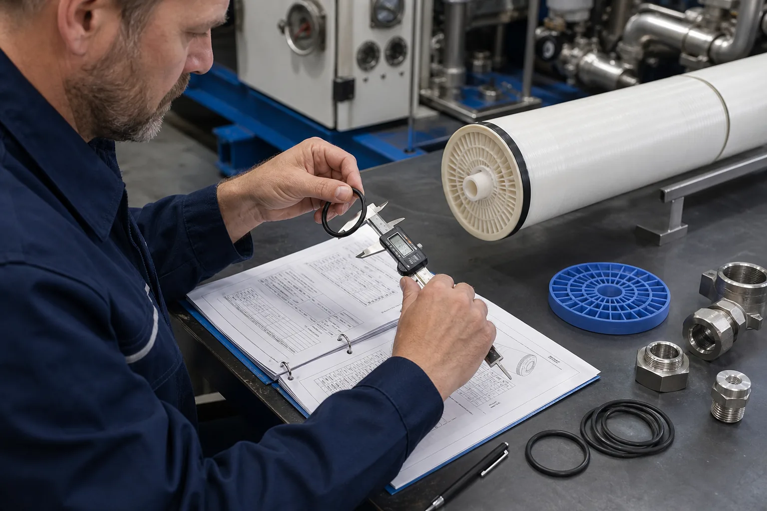 Engineer specifying corrosion-resistant marine RO membrane element materials