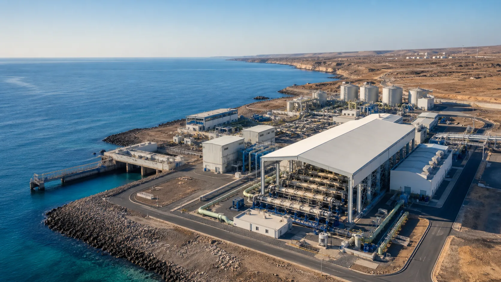 Seawater reverse osmosis desalination plant with SWRO pressure vessels