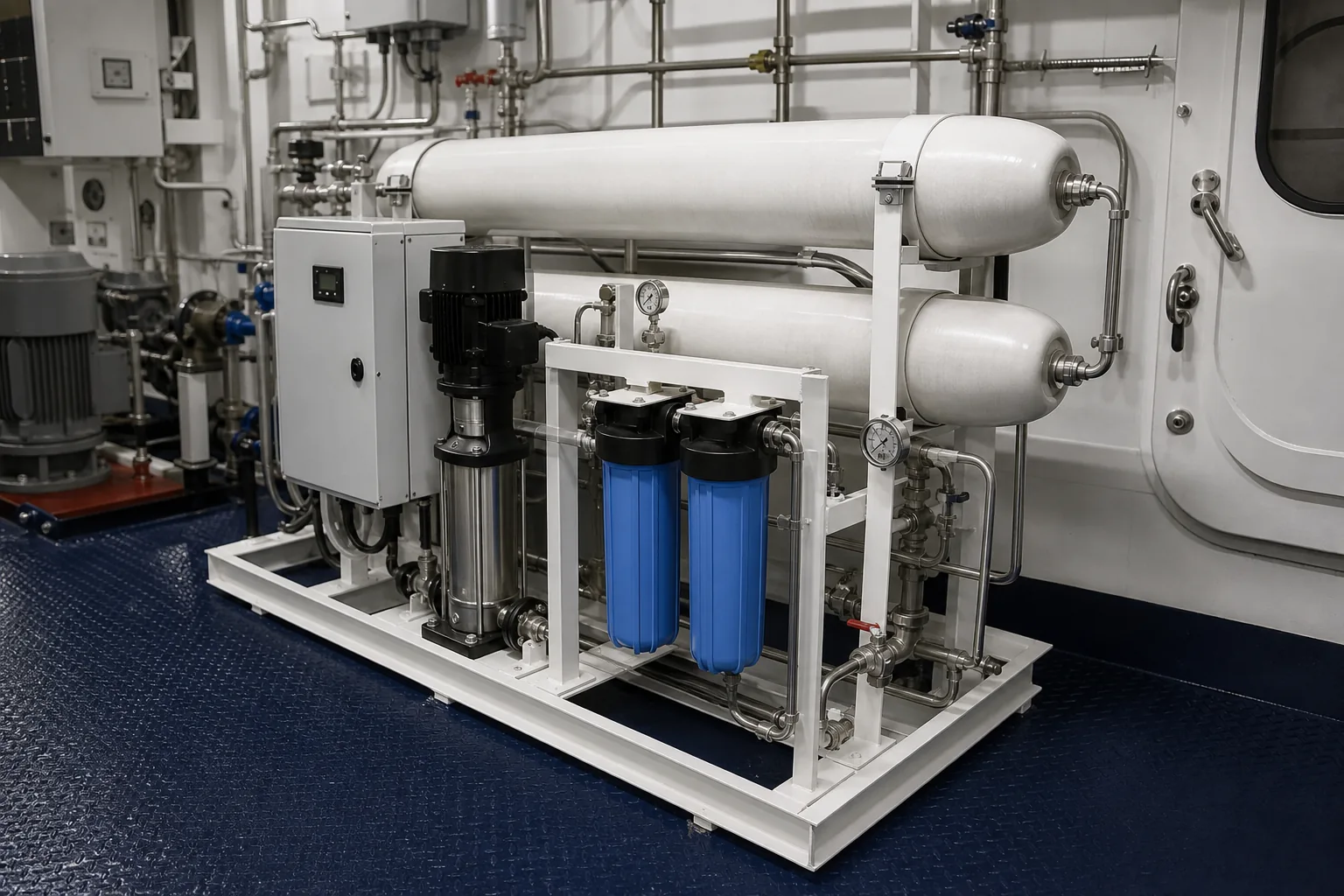 Compact shipboard RO watermaker system with small pressure vessels