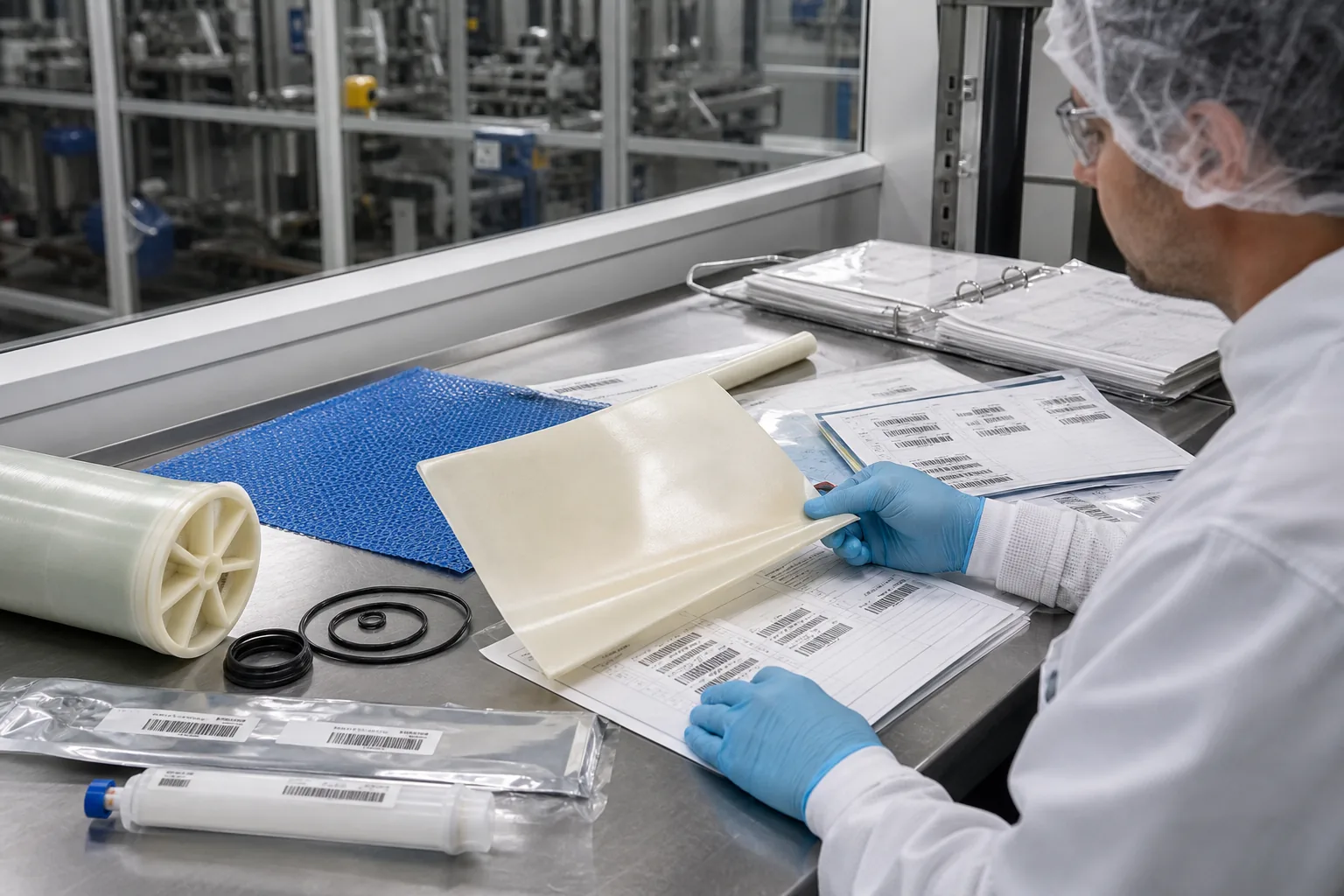Quality engineer reviewing traceable RO membrane materials and production records