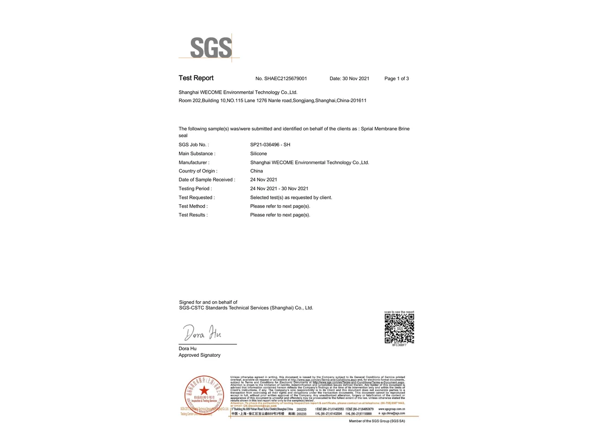 SGS test report for WECOME spiral RO membrane brine seal