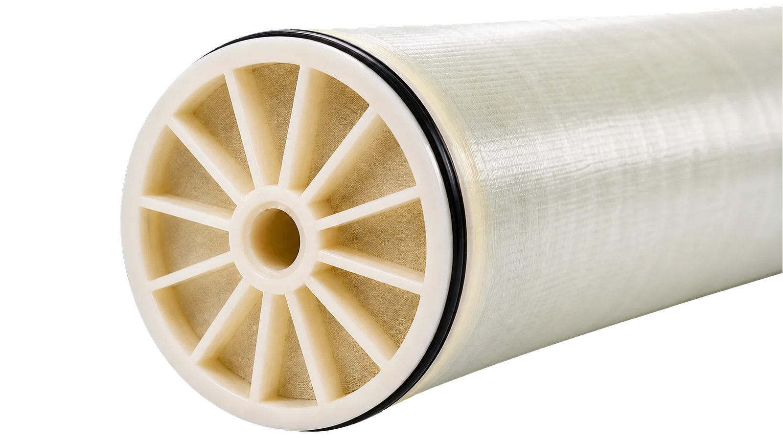 Pale yellow RO membrane ATD end cap installed on an FRP-wrapped element