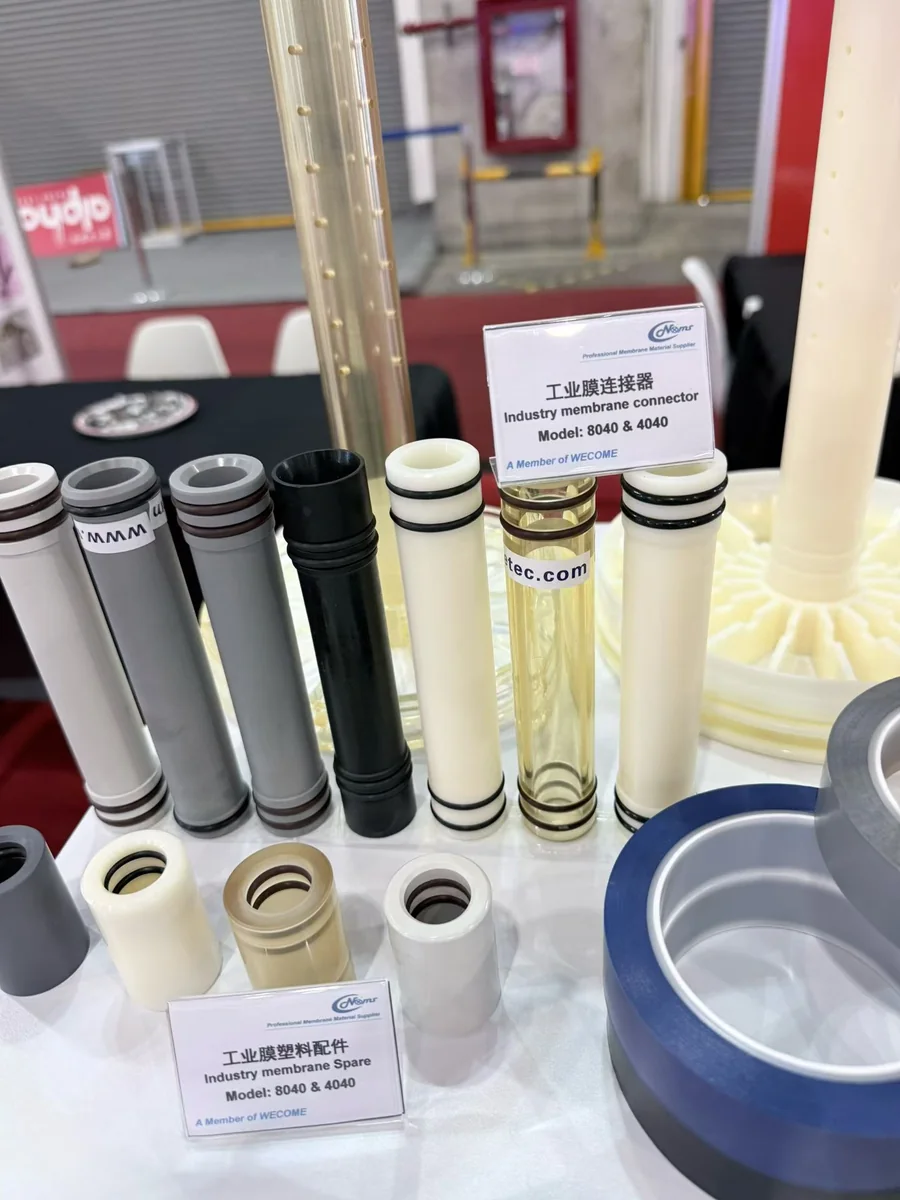 4040 and 8040 industrial RO membrane connectors and spare components on display